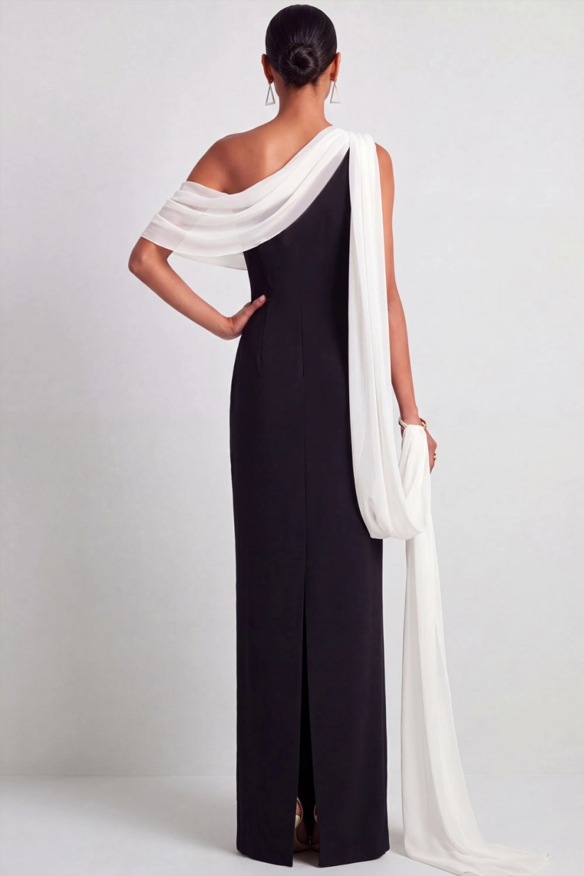 Black and White One Shoulder Mermaid Cape Maxi Dress