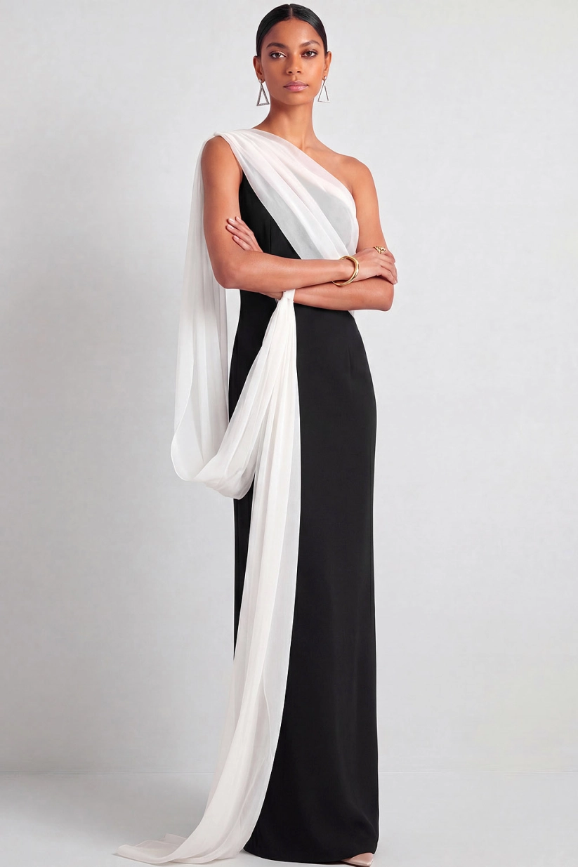 Black and White One Shoulder Mermaid Cape Maxi Dress