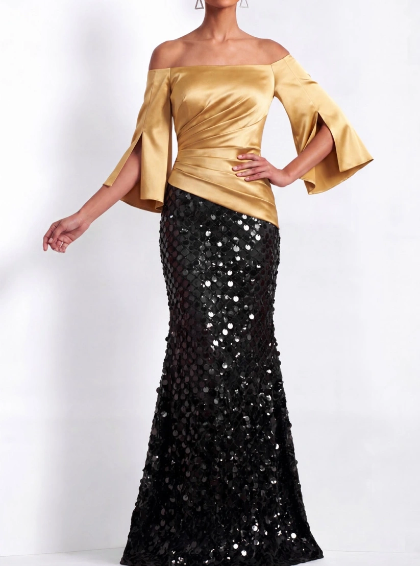 Gold Satin Off-Shoulder Mermaid Gown with Sequin