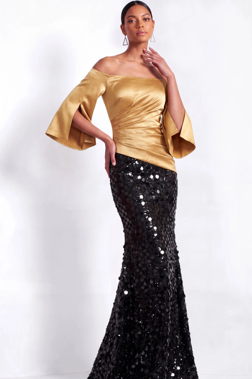 Gold Satin Off-Shoulder Mermaid Gown with Sequin