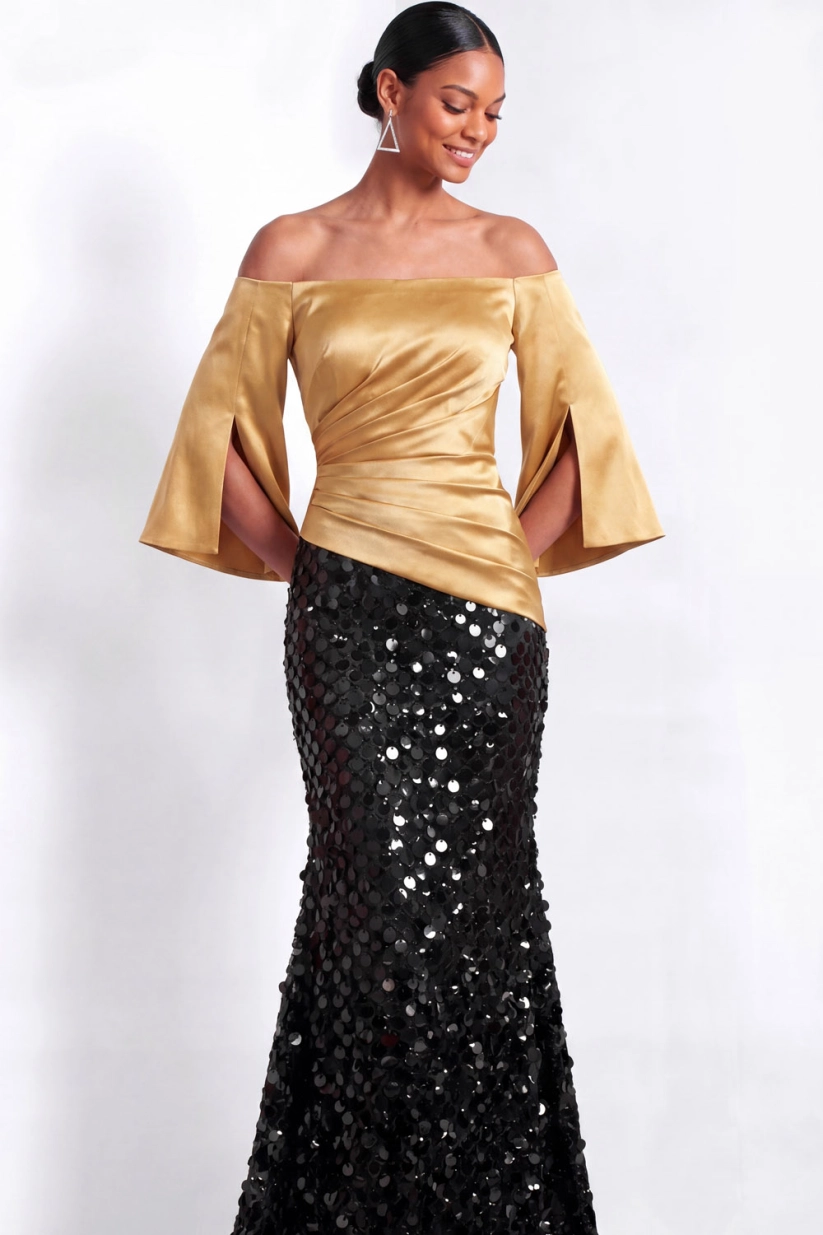 Gold Satin Off-Shoulder Mermaid Gown with Sequin