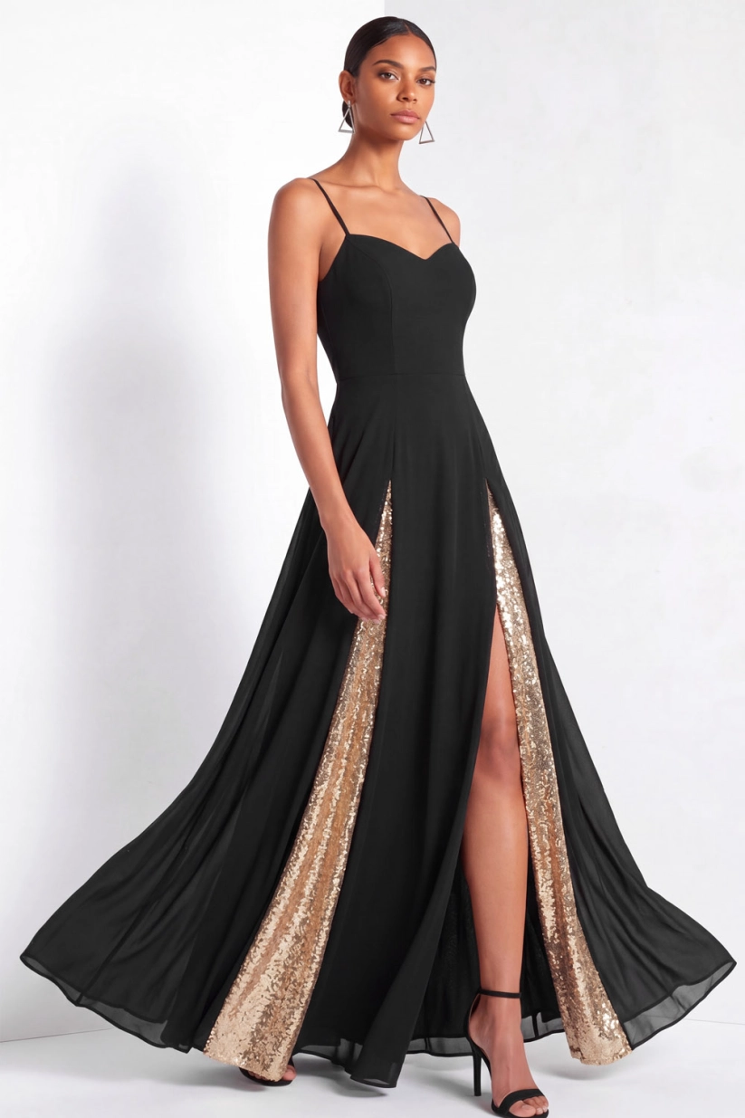 Black Spaghetti Strap A-Line Maxi Formal Dress with Slit