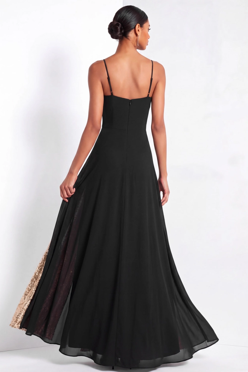 Black Spaghetti Strap A-Line Maxi Formal Dress with Slit