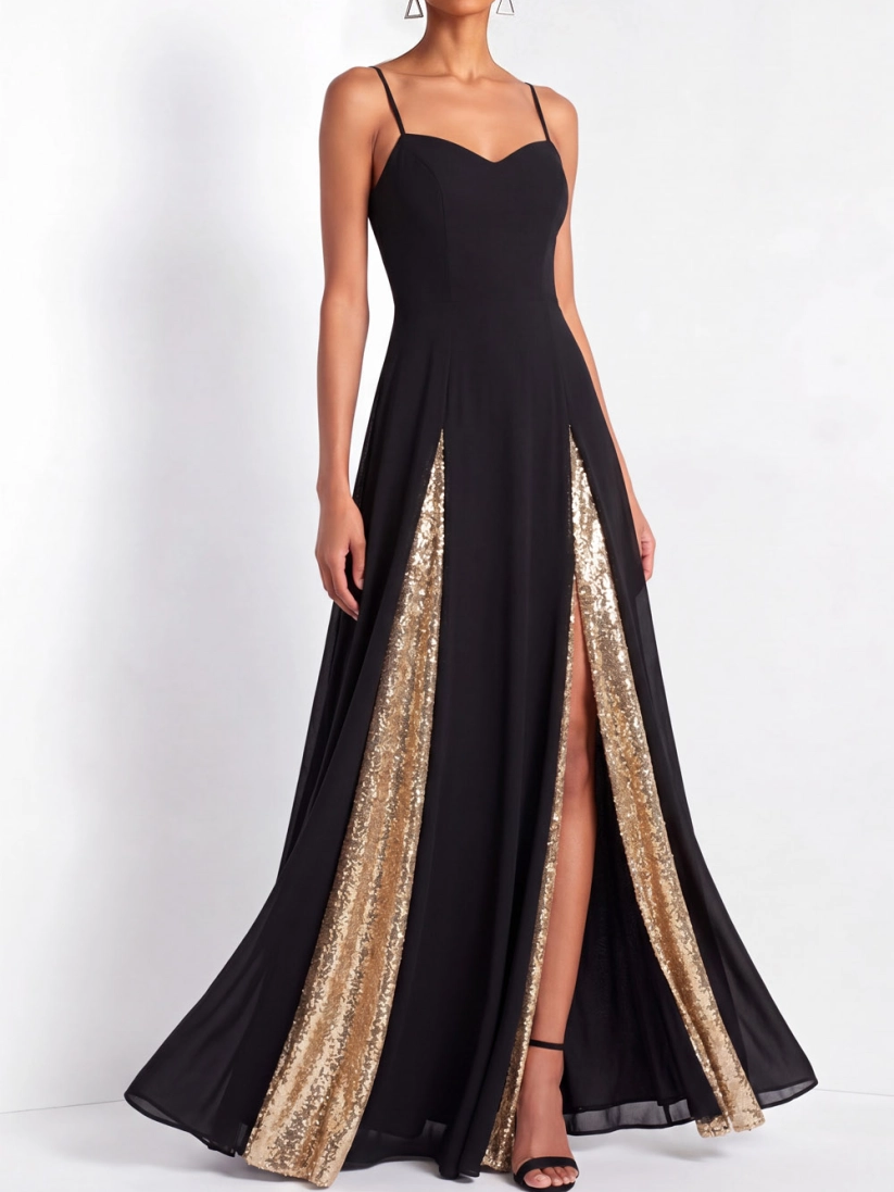 Black Spaghetti Strap A-Line Maxi Formal Dress with Slit