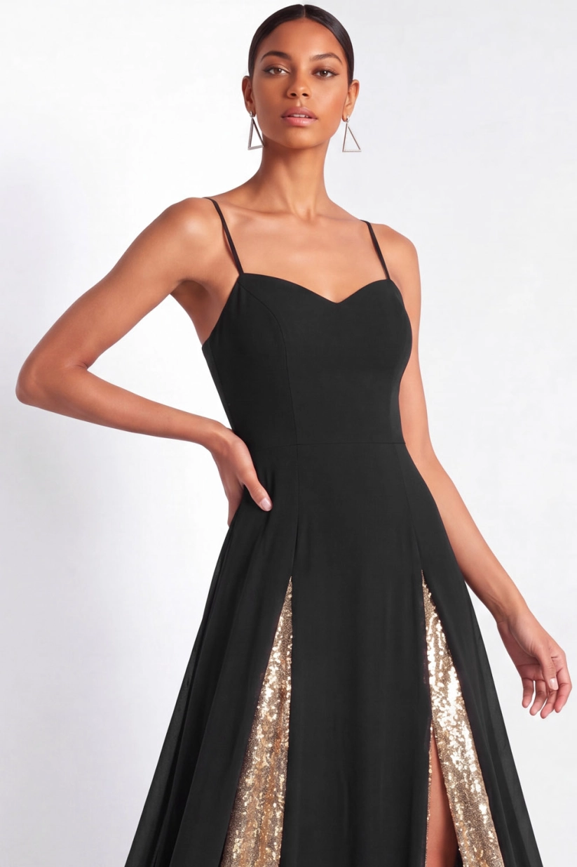 Black Spaghetti Strap A-Line Maxi Formal Dress with Slit