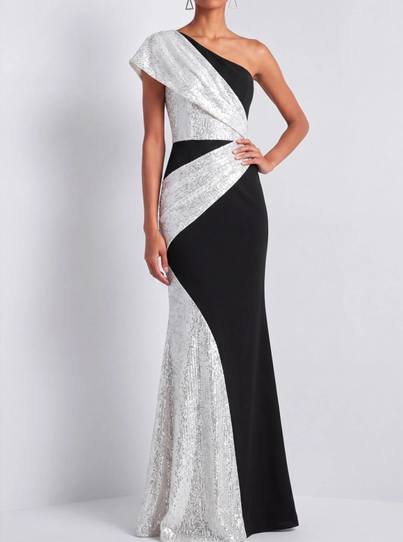 Silver Sequin One Shoulder Mermaid Maxi Gown