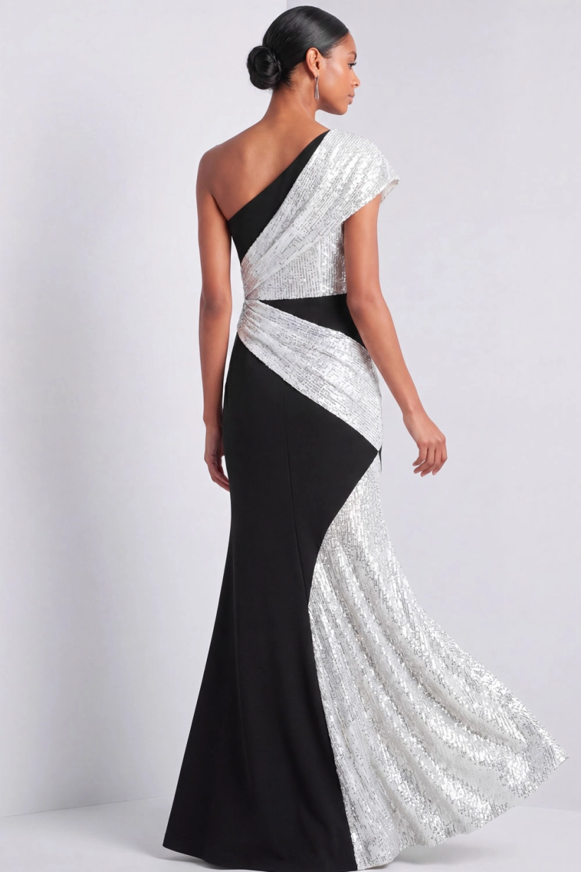 Silver Sequin One Shoulder Mermaid Maxi Gown