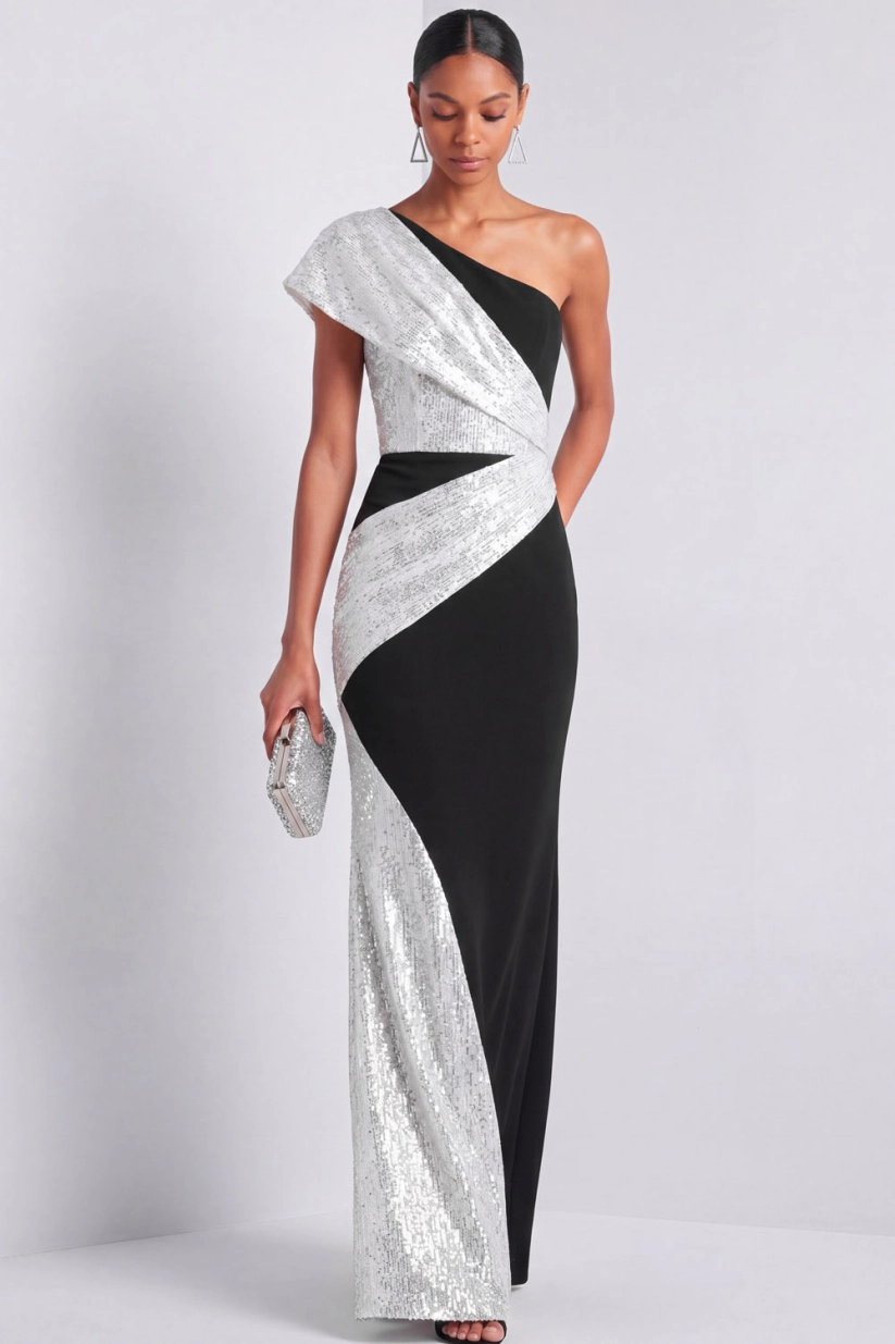 Silver Sequin One Shoulder Mermaid Maxi Gown