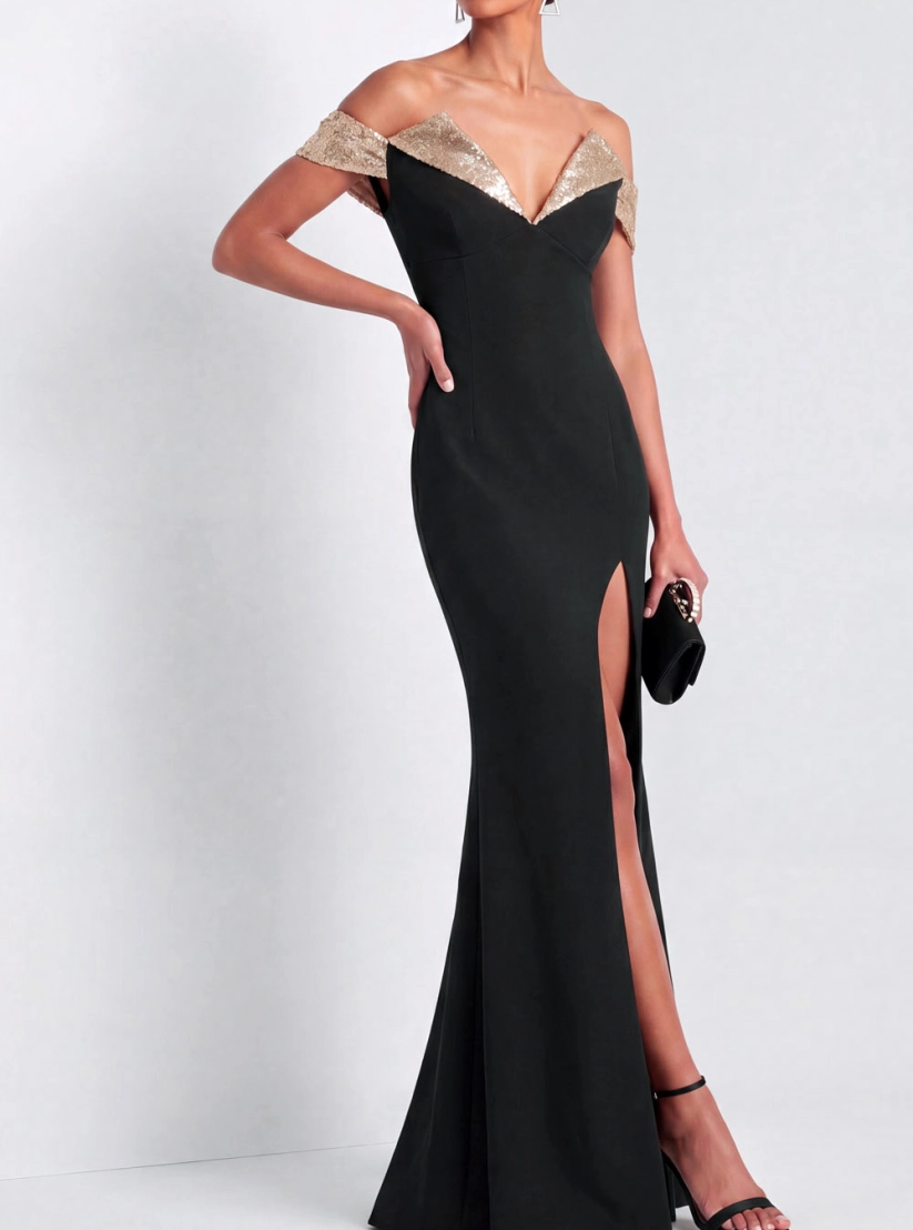 Champagne Sequin Off-Shoulder Mermaid Gown with Slit