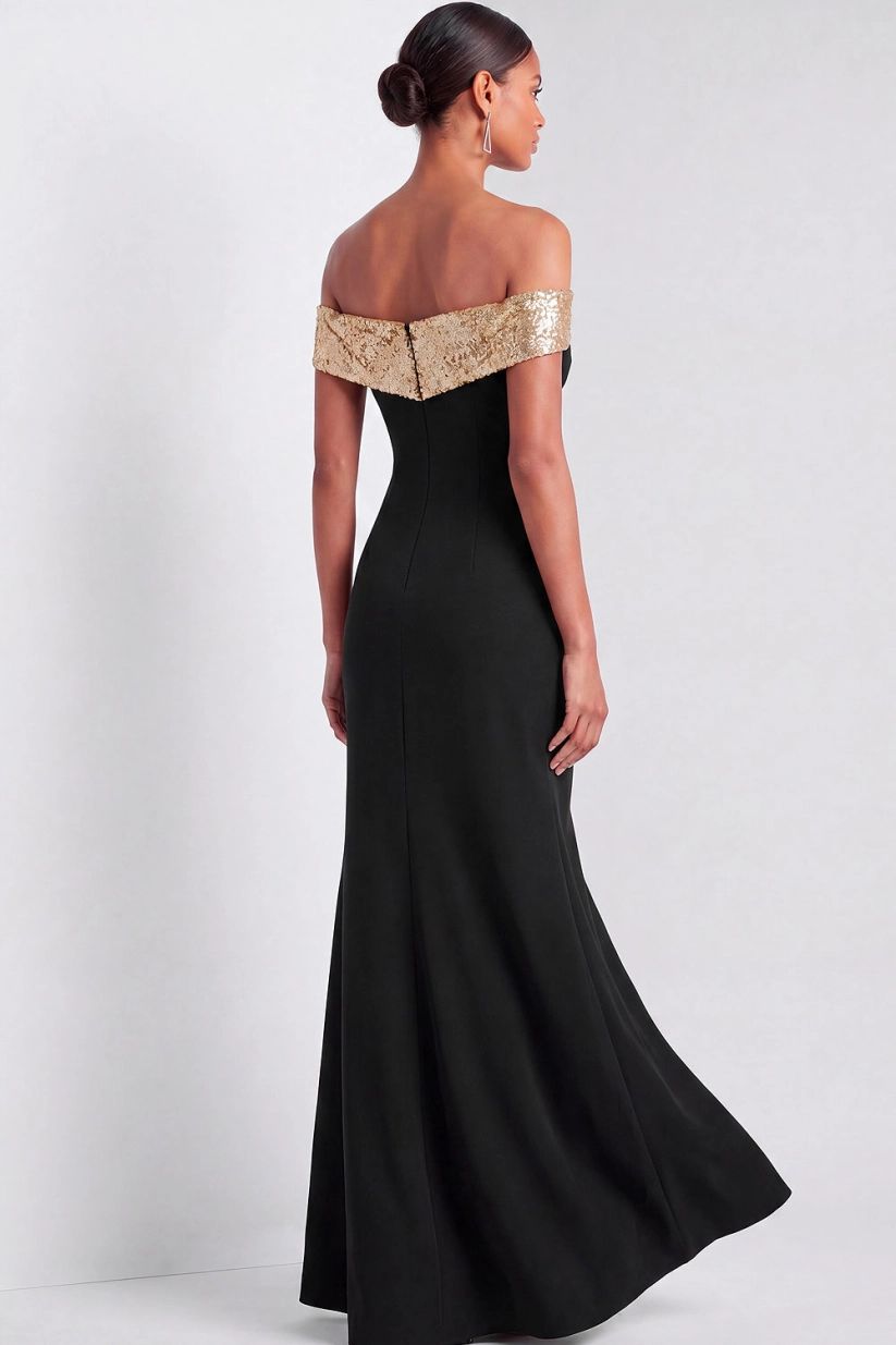 Champagne Sequin Off-Shoulder Mermaid Gown with Slit