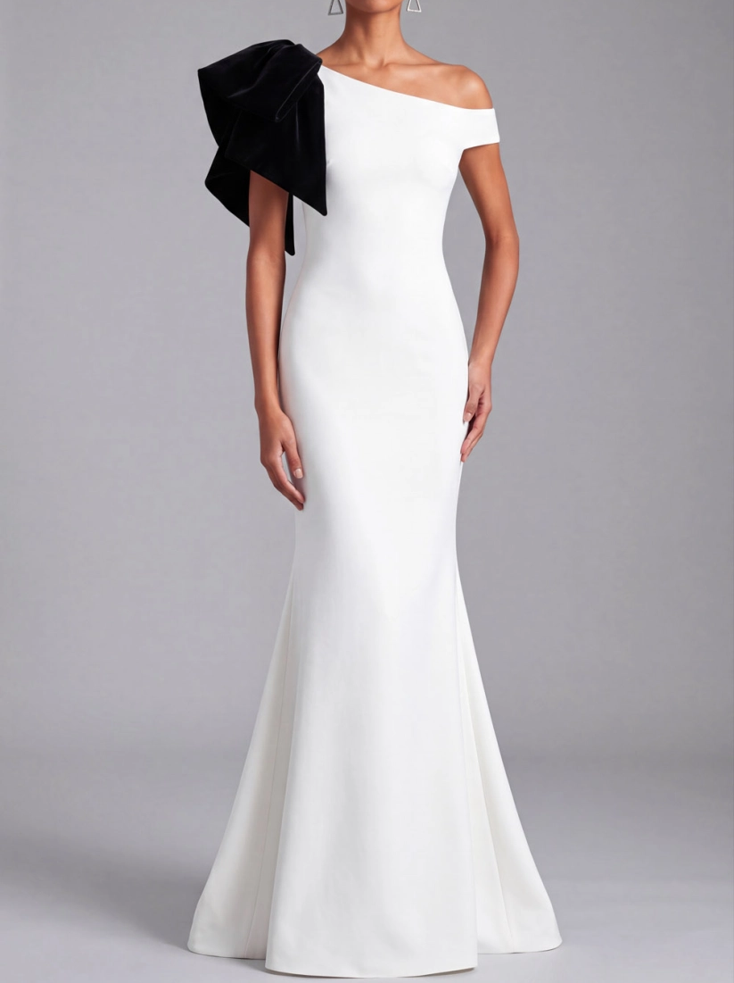 White One Shoulder Velvet Bow Mermaid Gown