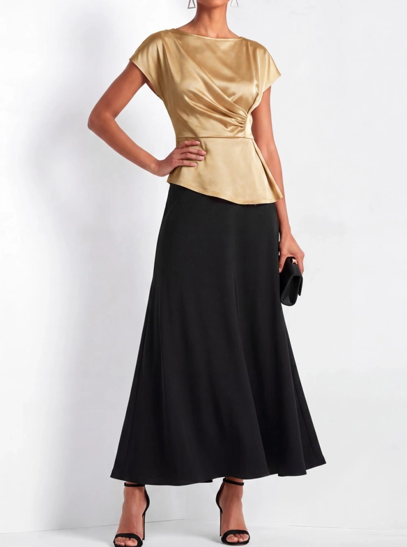 Golden Satin Boat Neck Suits A-Line Skirt Set