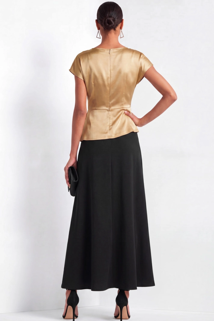 Golden Satin Boat Neck Suits A-Line Skirt Set