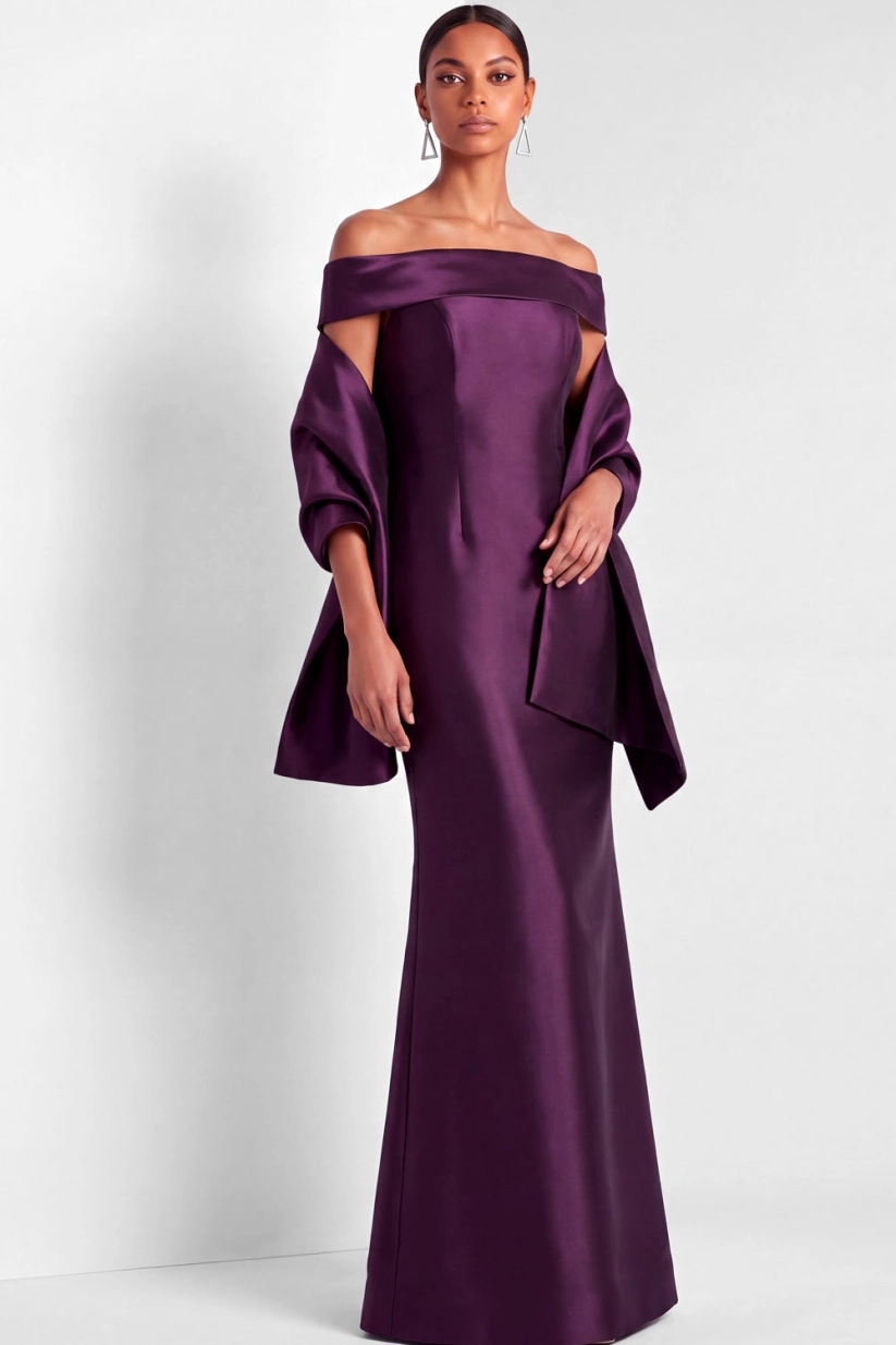Dark Purple Off Shoulder Mermaid Satin Maxi Dress