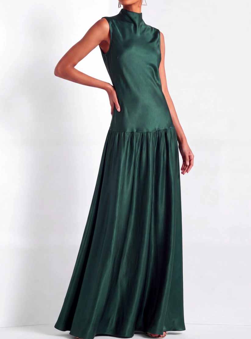 Peacock Green High Neck A-Line Satin Formal Dress