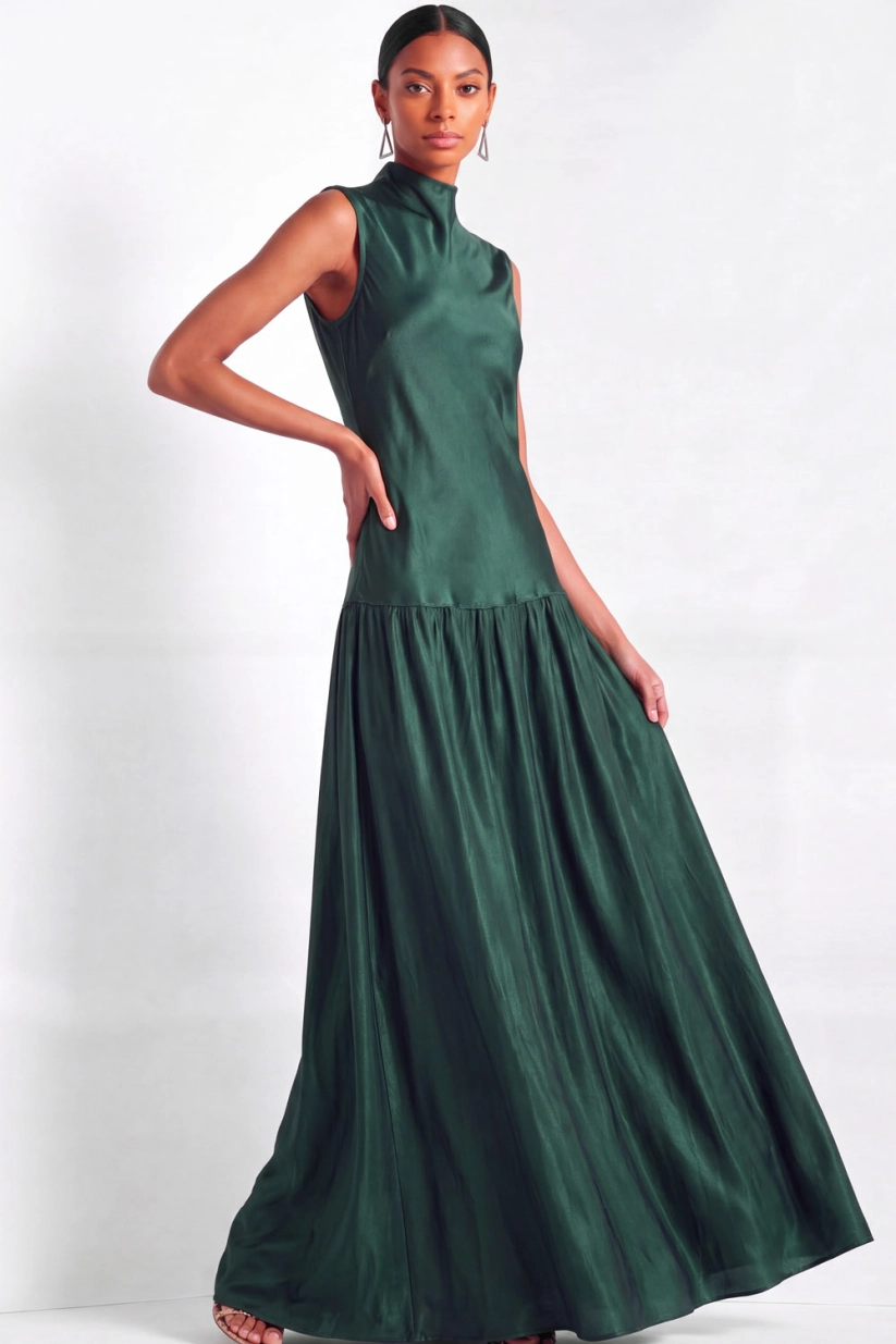 Peacock Green High Neck A-Line Satin Formal Dress