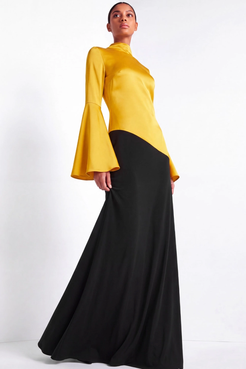 Yellow High Neck Bell Sleeves Satin Formal Gown