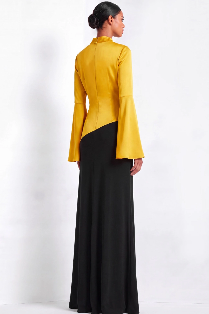 Yellow High Neck Bell Sleeves Satin Formal Gown