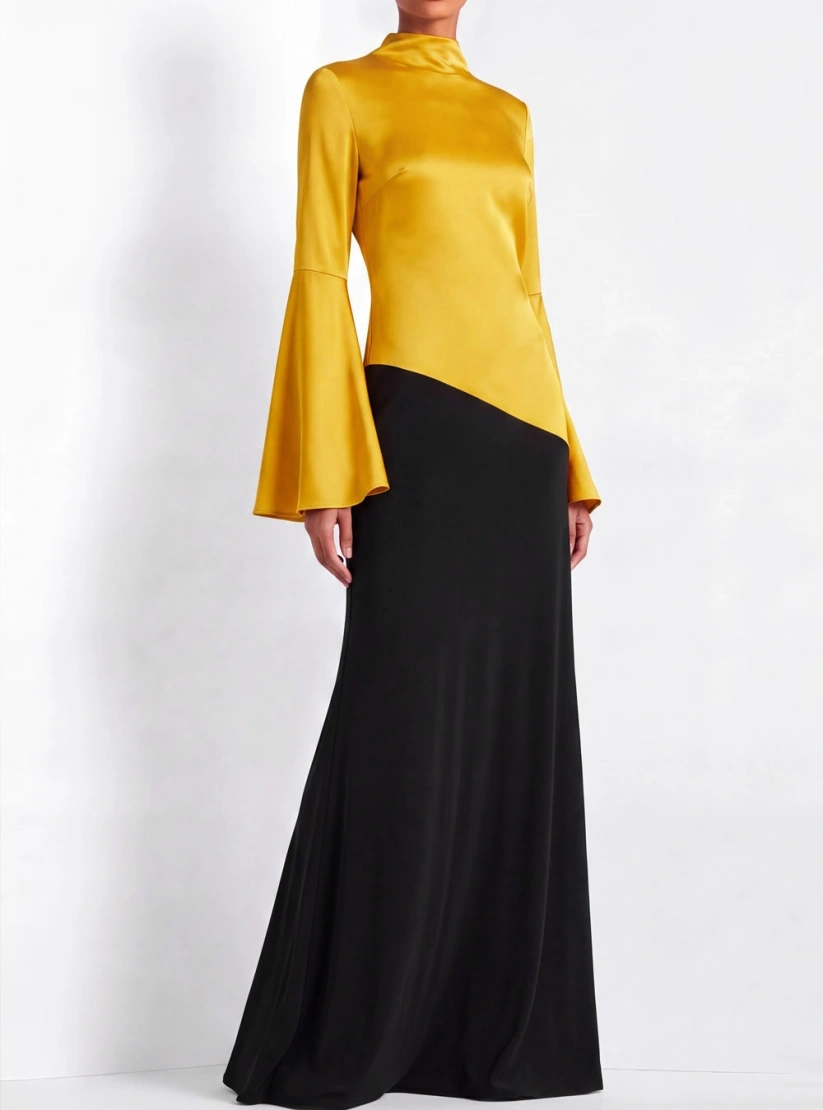 Yellow High Neck Bell Sleeves Satin Formal Gown