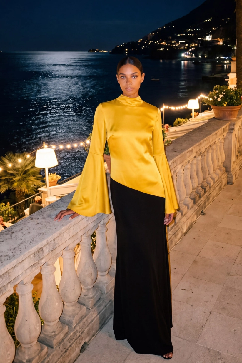 Yellow High Neck Bell Sleeves Satin Formal Gown