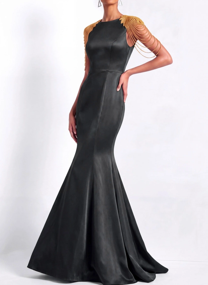 Black Round Neck Mermaid Evening Gown with Beading
