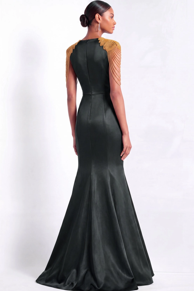 Black Round Neck Mermaid Evening Gown with Beading