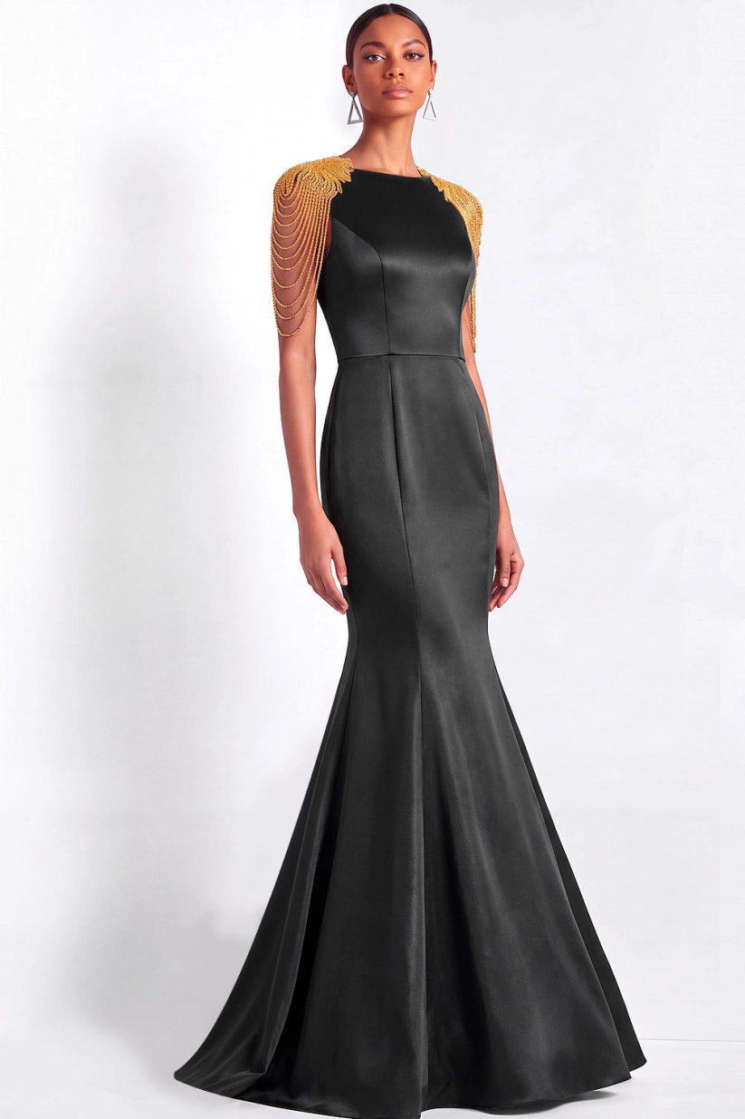 Black Round Neck Mermaid Evening Gown with Beading
