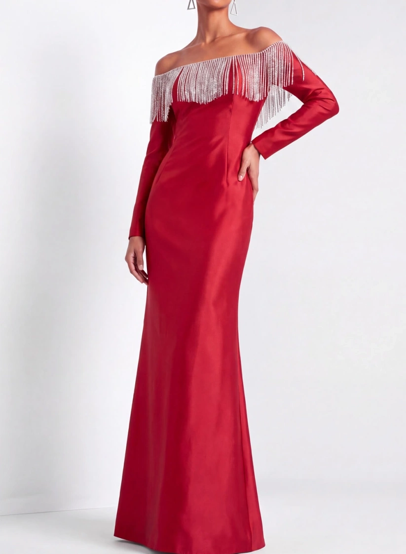 Red Off Shoulder Mermaid Tassels Maxi Evening Gown