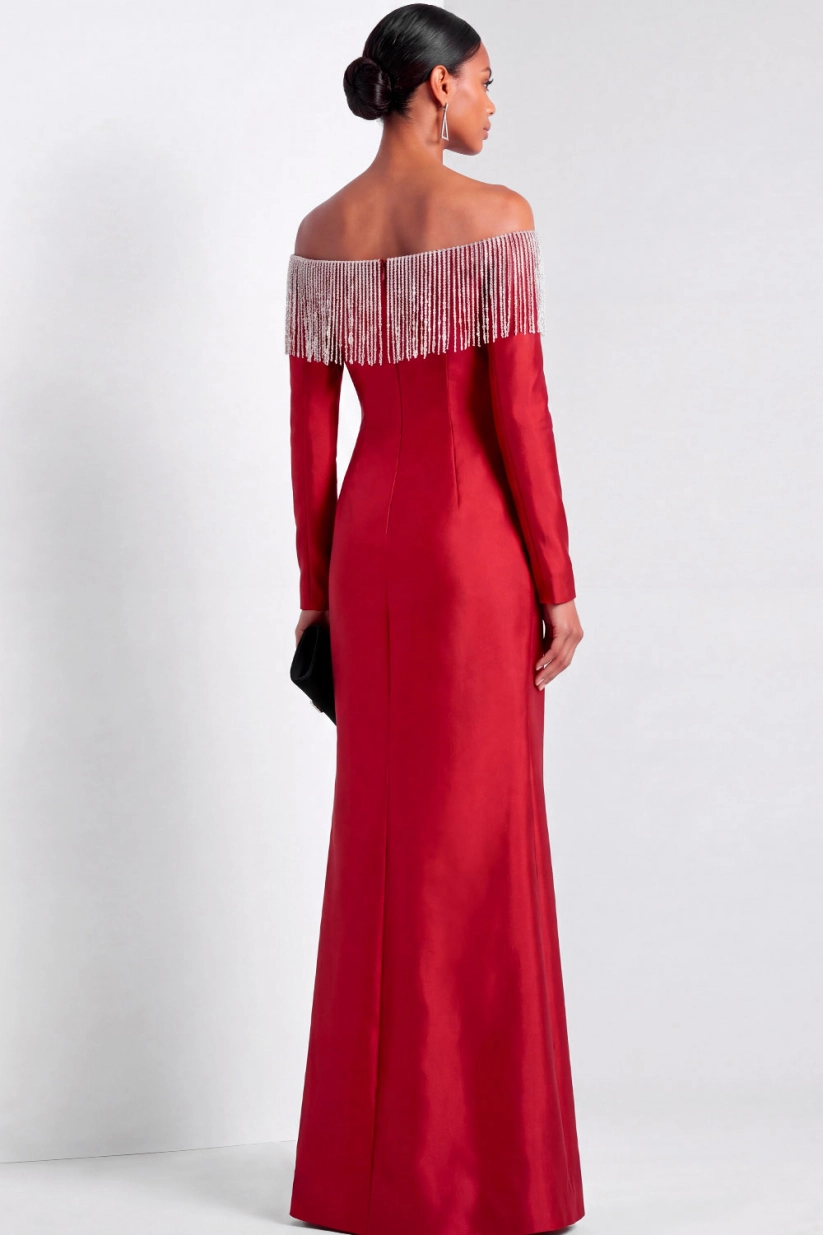 Red Off Shoulder Mermaid Tassels Maxi Evening Gown