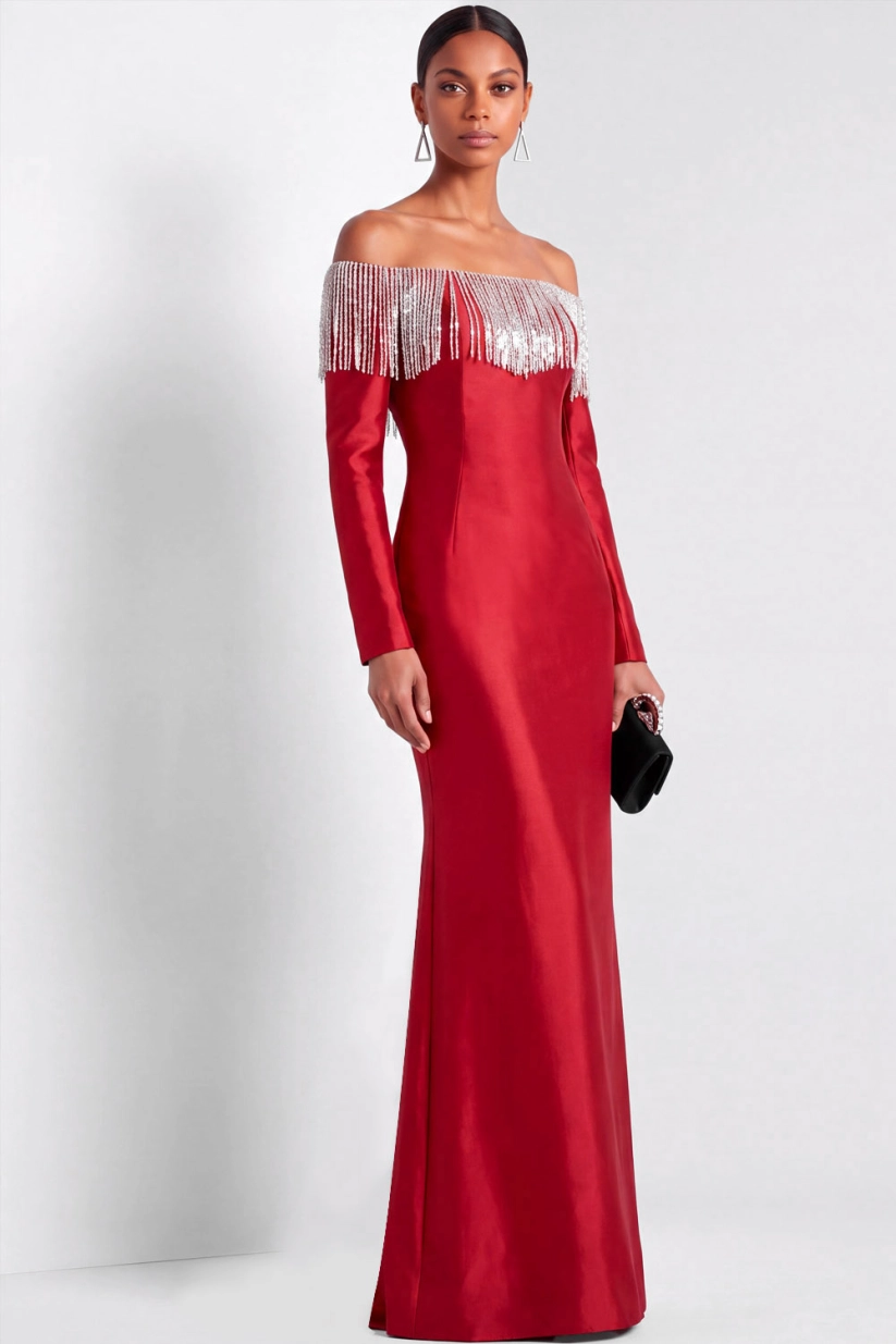 Red Off Shoulder Mermaid Tassels Maxi Evening Gown