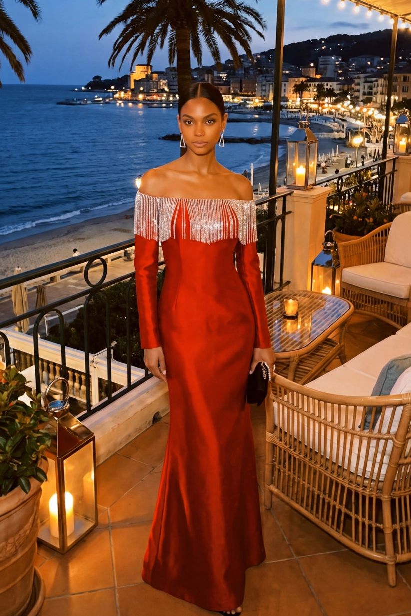 Red Off Shoulder Mermaid Tassels Maxi Evening Gown