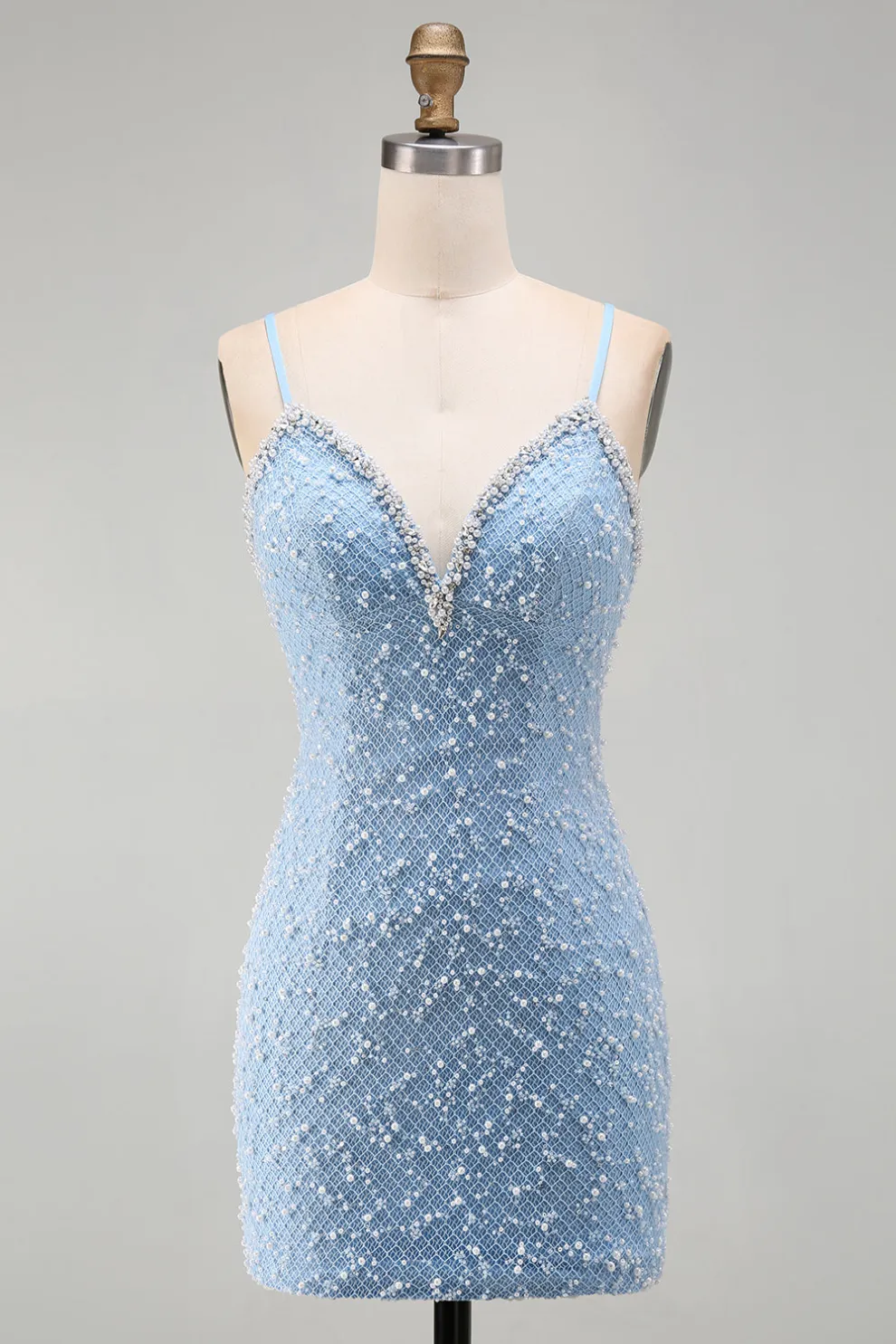 Sparkly Blue Spaghetti Straps Bodycon Short Homecoming Dress with Rhinestone