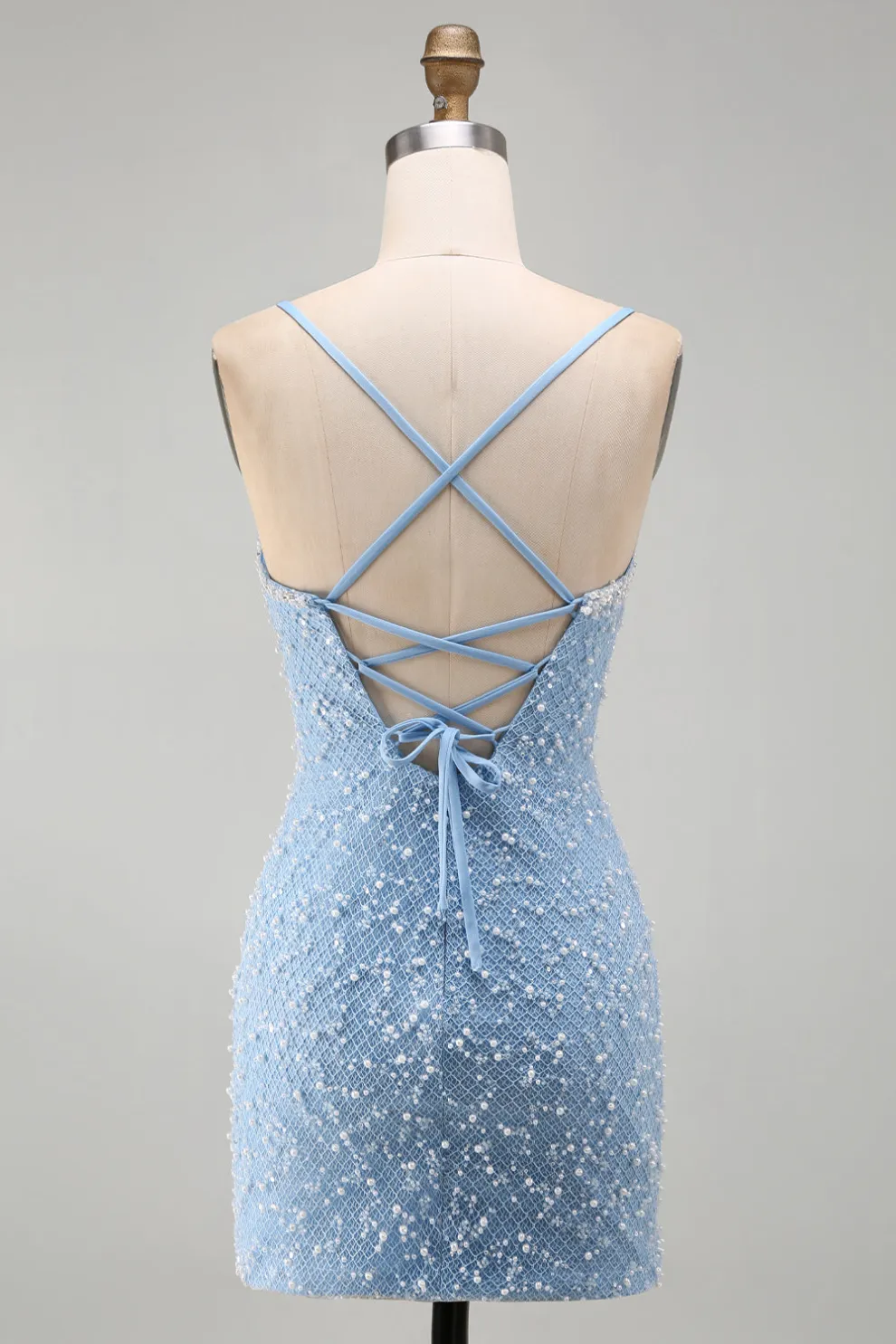 Sparkly Blue Spaghetti Straps Bodycon Short Homecoming Dress with Rhinestone