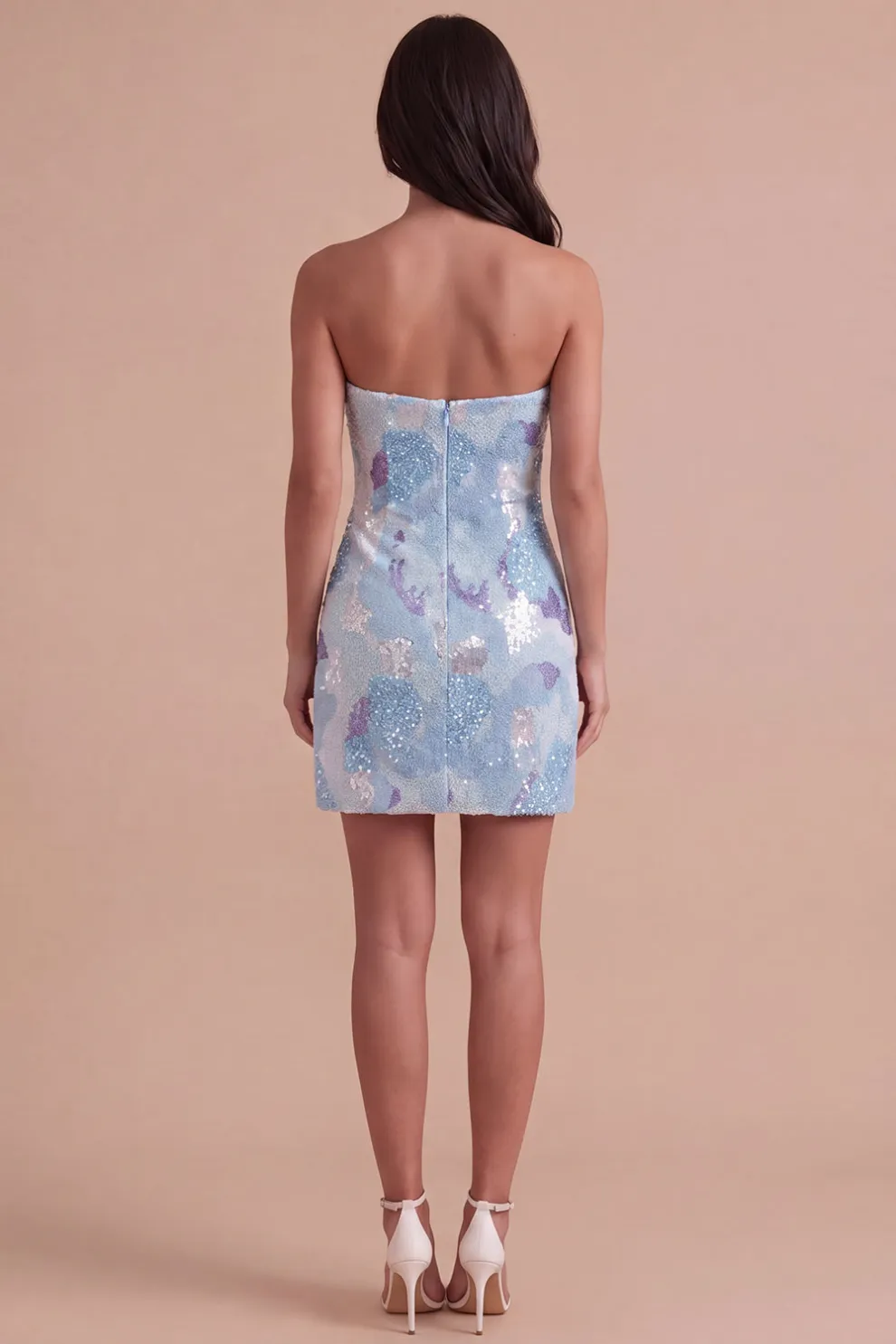 Sparkly Sequins Blue Bodycon Strapless Short Homecoming Dress with Beading