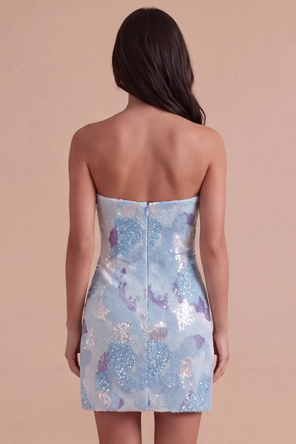 Sparkly Sequins Blue Bodycon Strapless Short Homecoming Dress with Beading