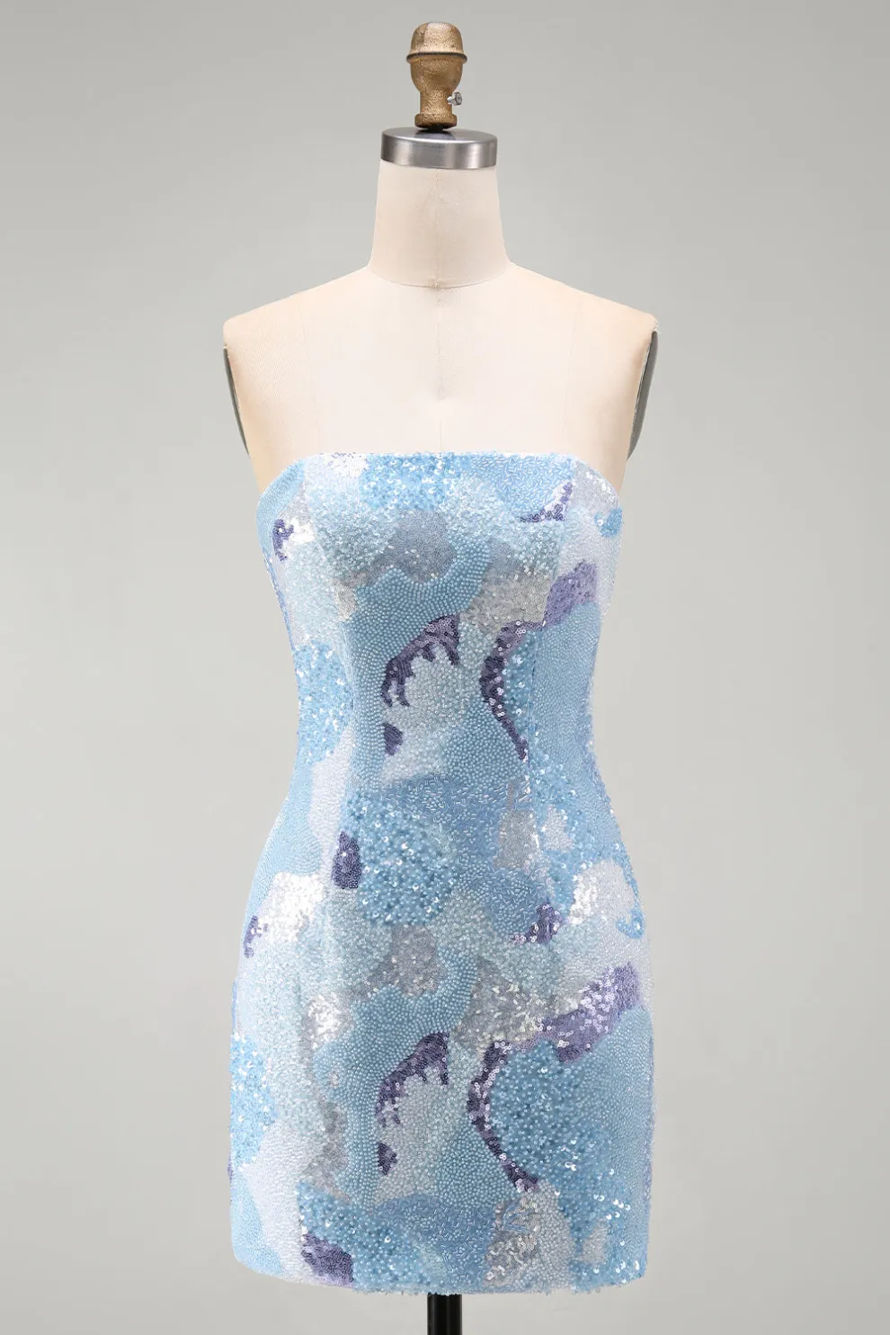 Sparkly Sequins Blue Bodycon Strapless Short Homecoming Dress with Beading