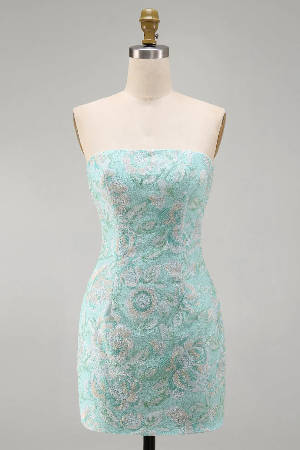 Mint Sparkly Floral Strapless Sequins Bodycon Short Homecoming Dress