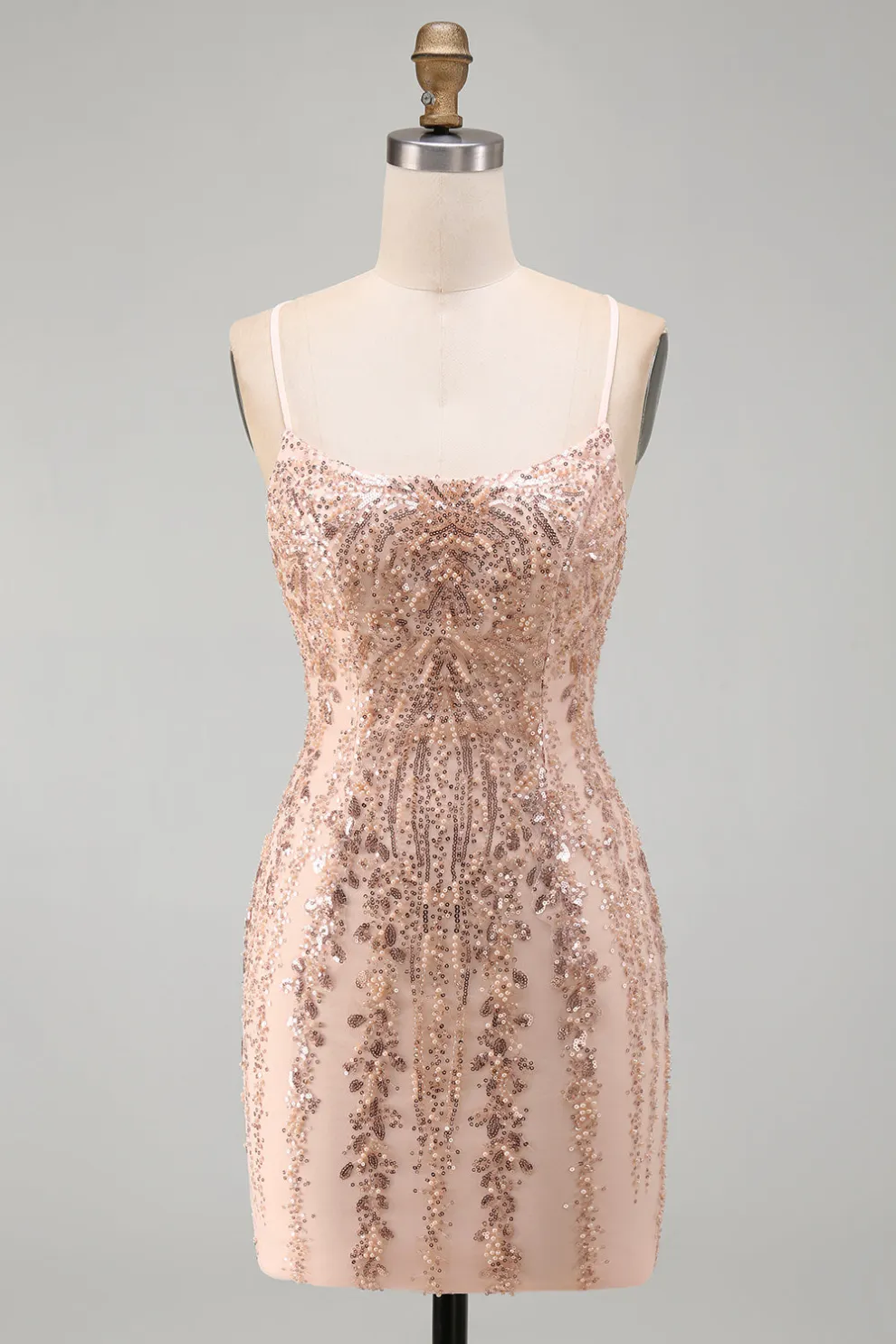 Sparkly Champagne Sequins Spaghetti Straps Bodycon Short Homecoming Dress