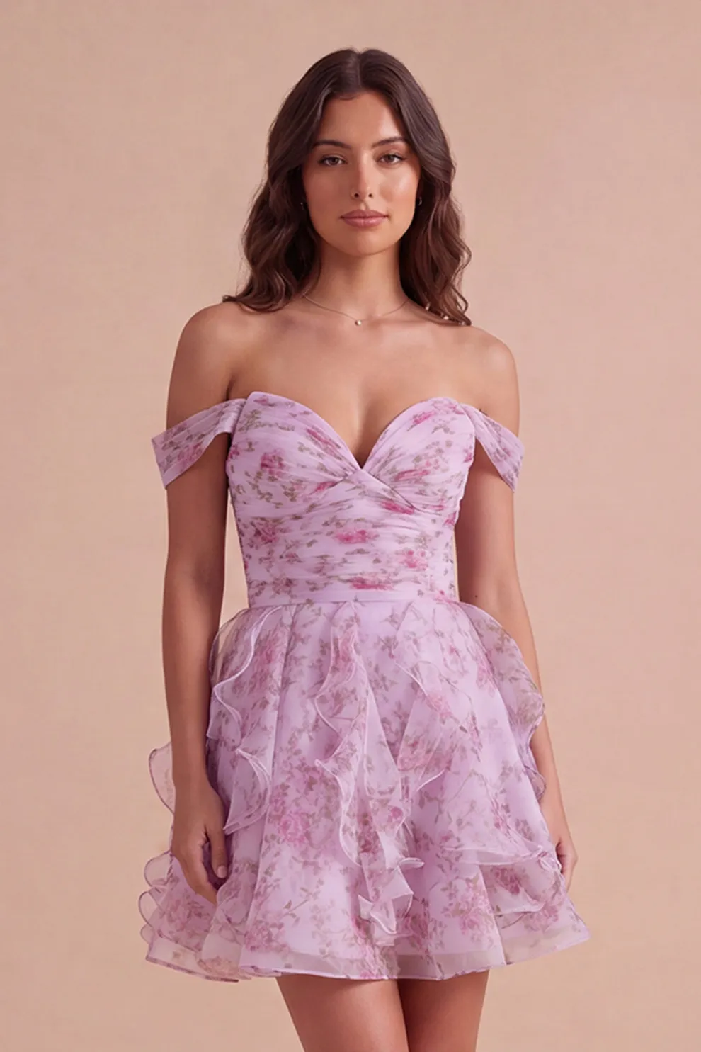 Lilac Floral Off the Shoulder Lace Up Ruffled A-Line Short Homecoming Dress