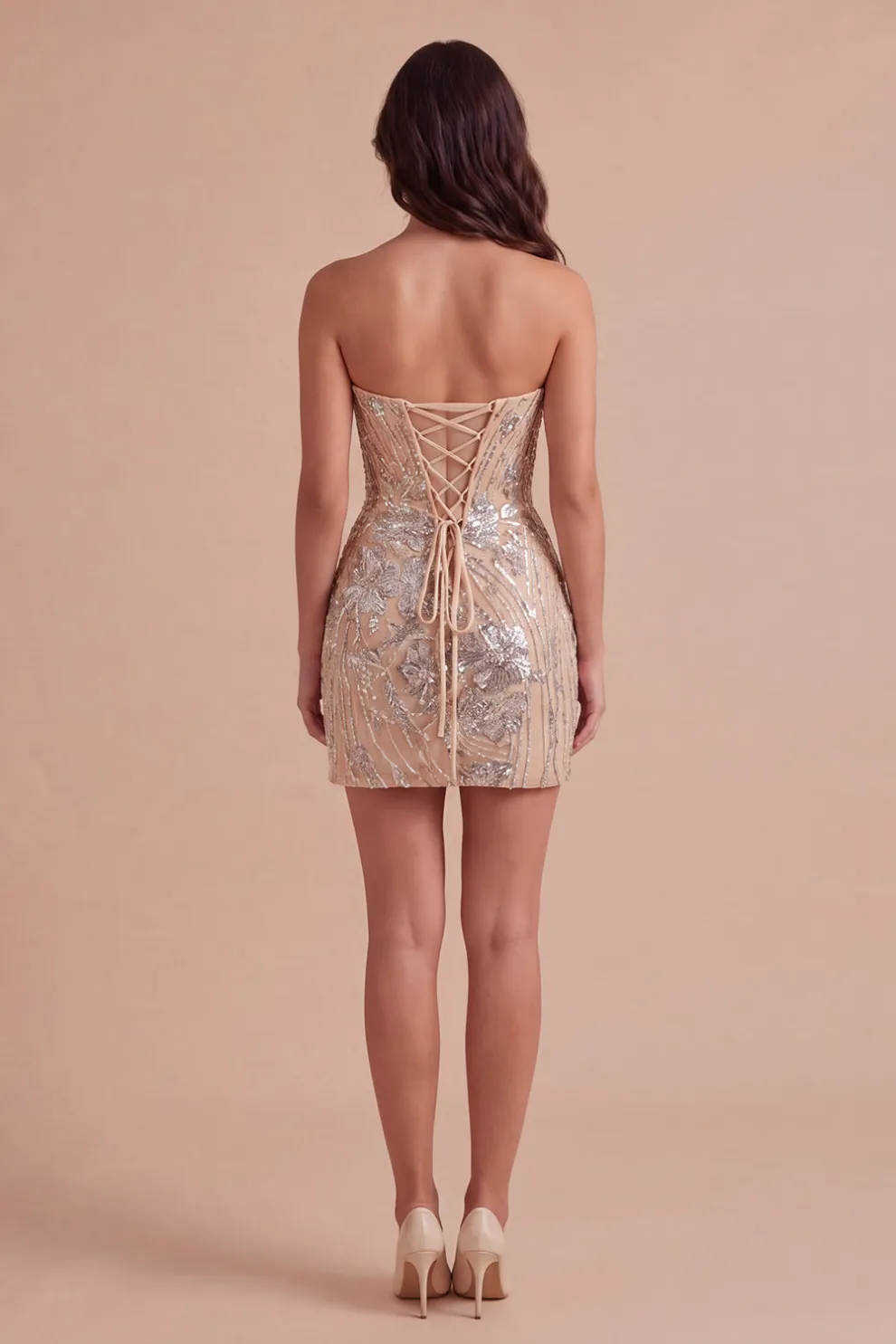Champagne Sparkly Sequins Floral Strapless Bodycon Short Homecoming Dress