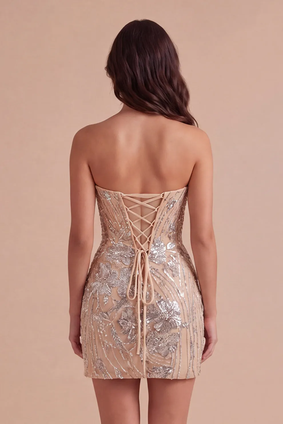 Champagne Sparkly Sequins Floral Strapless Bodycon Short Homecoming Dress