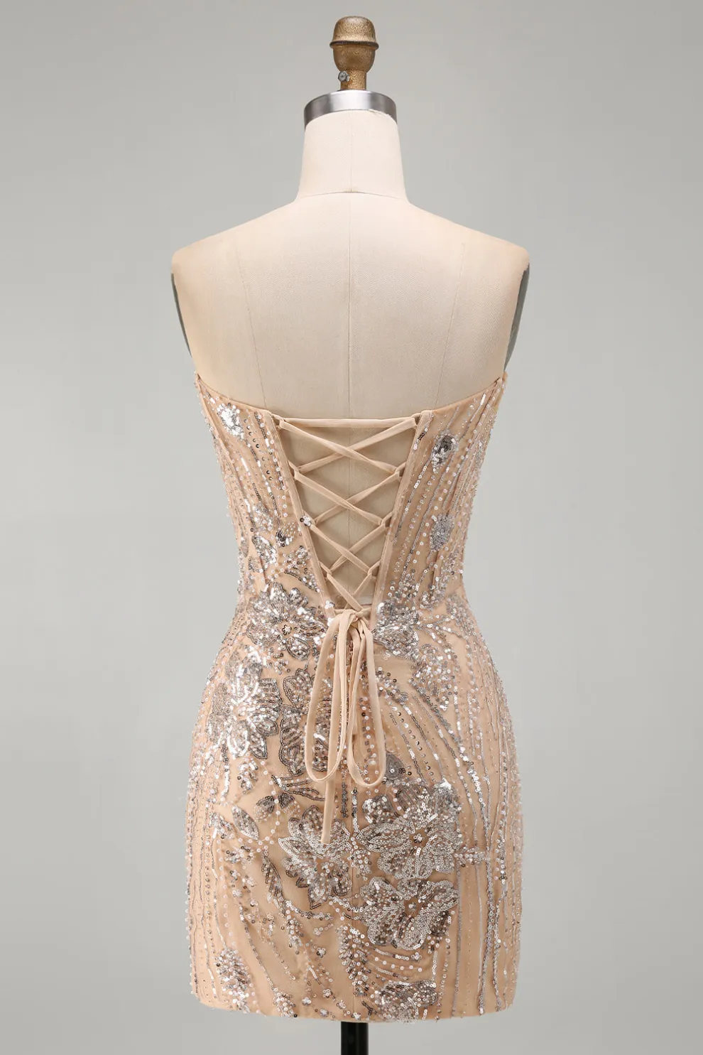 Champagne Sparkly Sequins Floral Strapless Bodycon Short Homecoming Dress