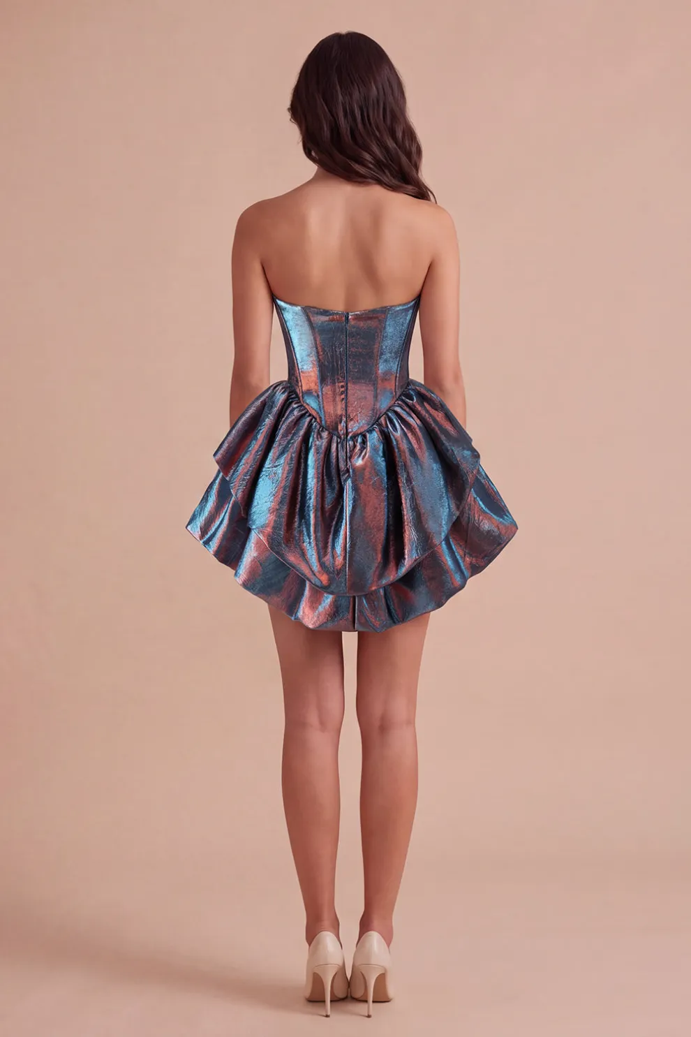 Metallic Blue Corset Ruffled Tiered A-Line Ruched Short Homecoming Dress