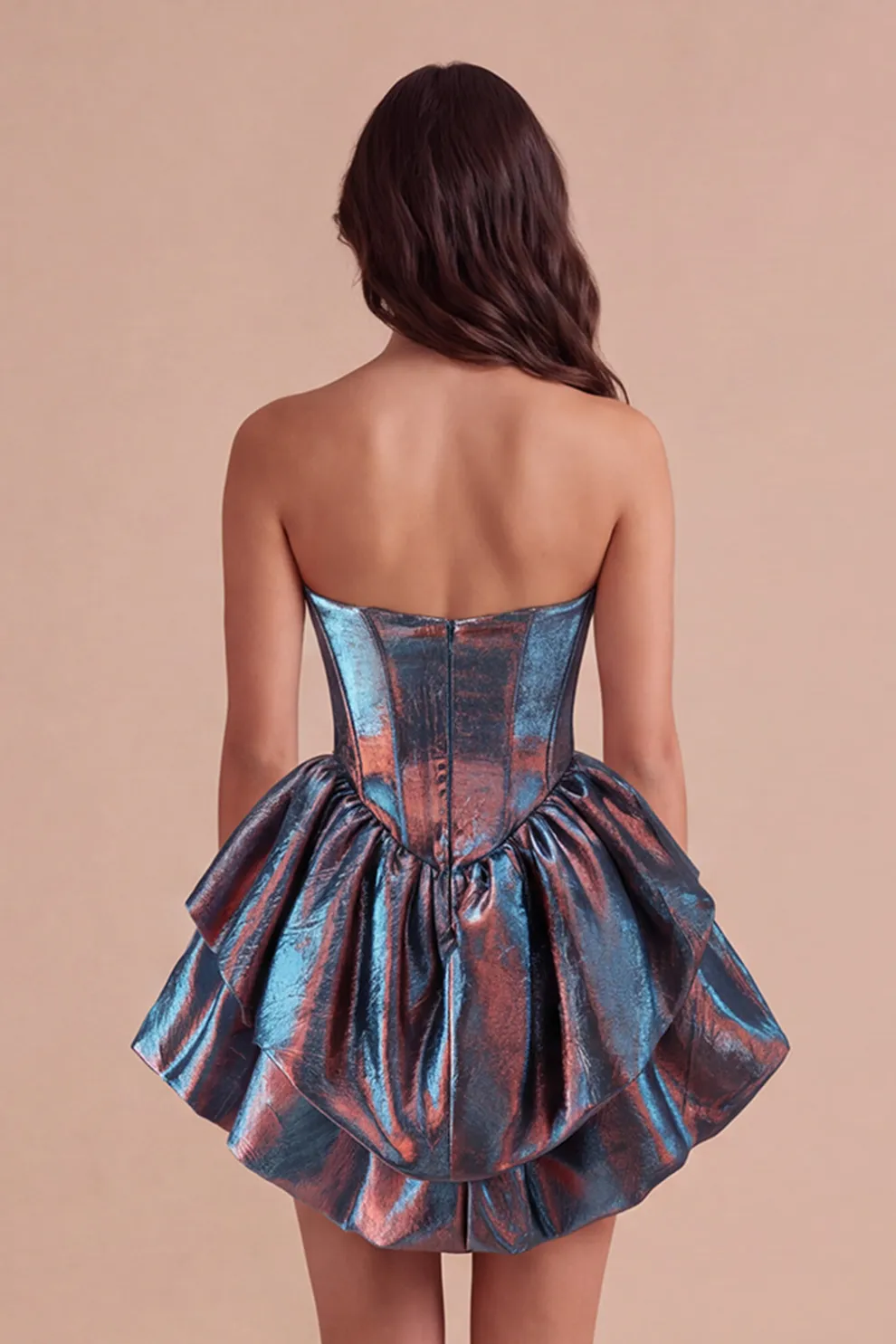 Metallic Blue Corset Ruffled Tiered A-Line Ruched Short Homecoming Dress