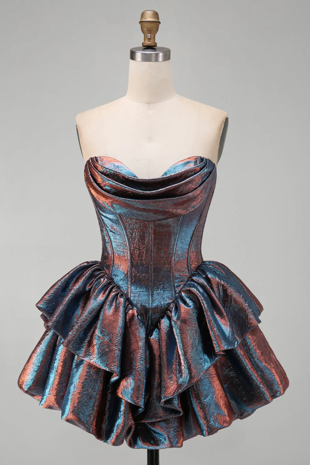Metallic Blue Corset Ruffled Tiered A-Line Ruched Short Homecoming Dress