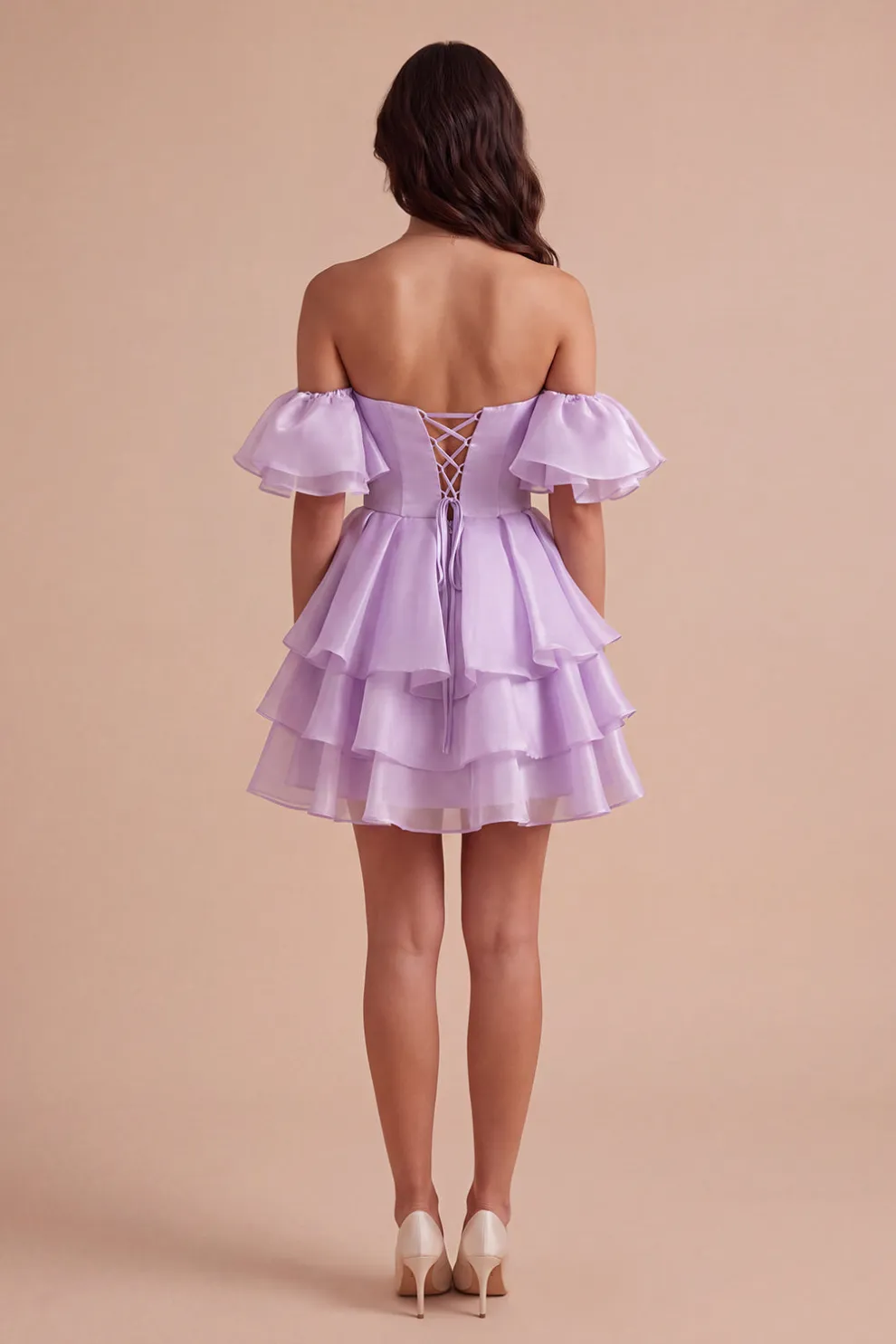 Lilac Off the Shoulder A-Line Ruffled Lace Up Short Homecoming Dress