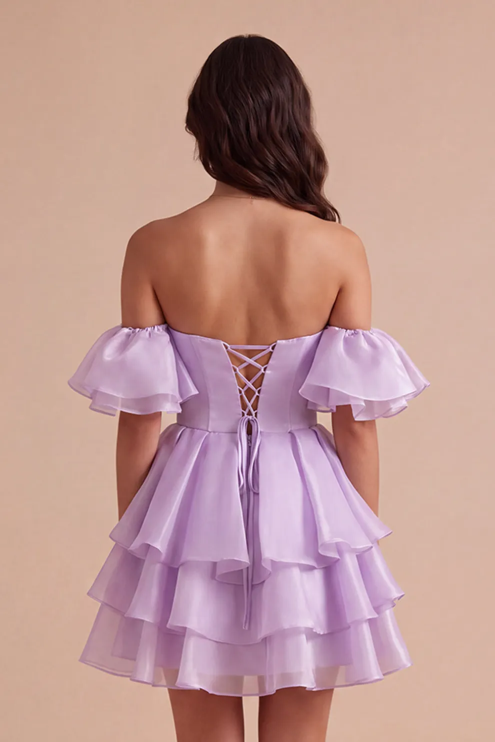 Lilac Off the Shoulder A-Line Ruffled Lace Up Short Homecoming Dress
