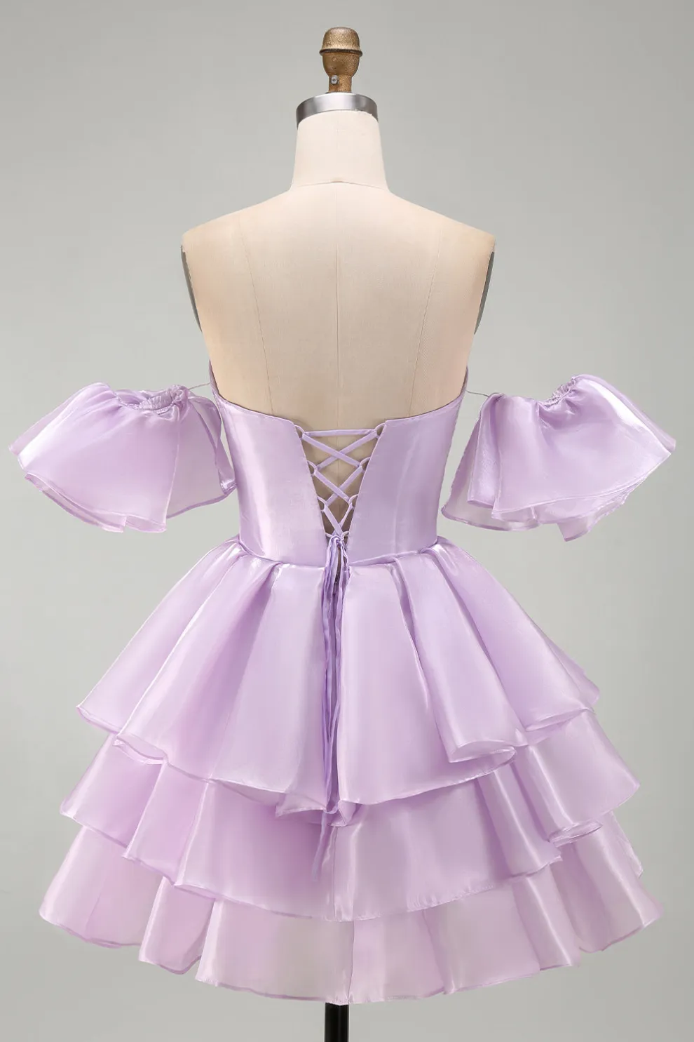 Lilac Off the Shoulder A-Line Ruffled Lace Up Short Homecoming Dress