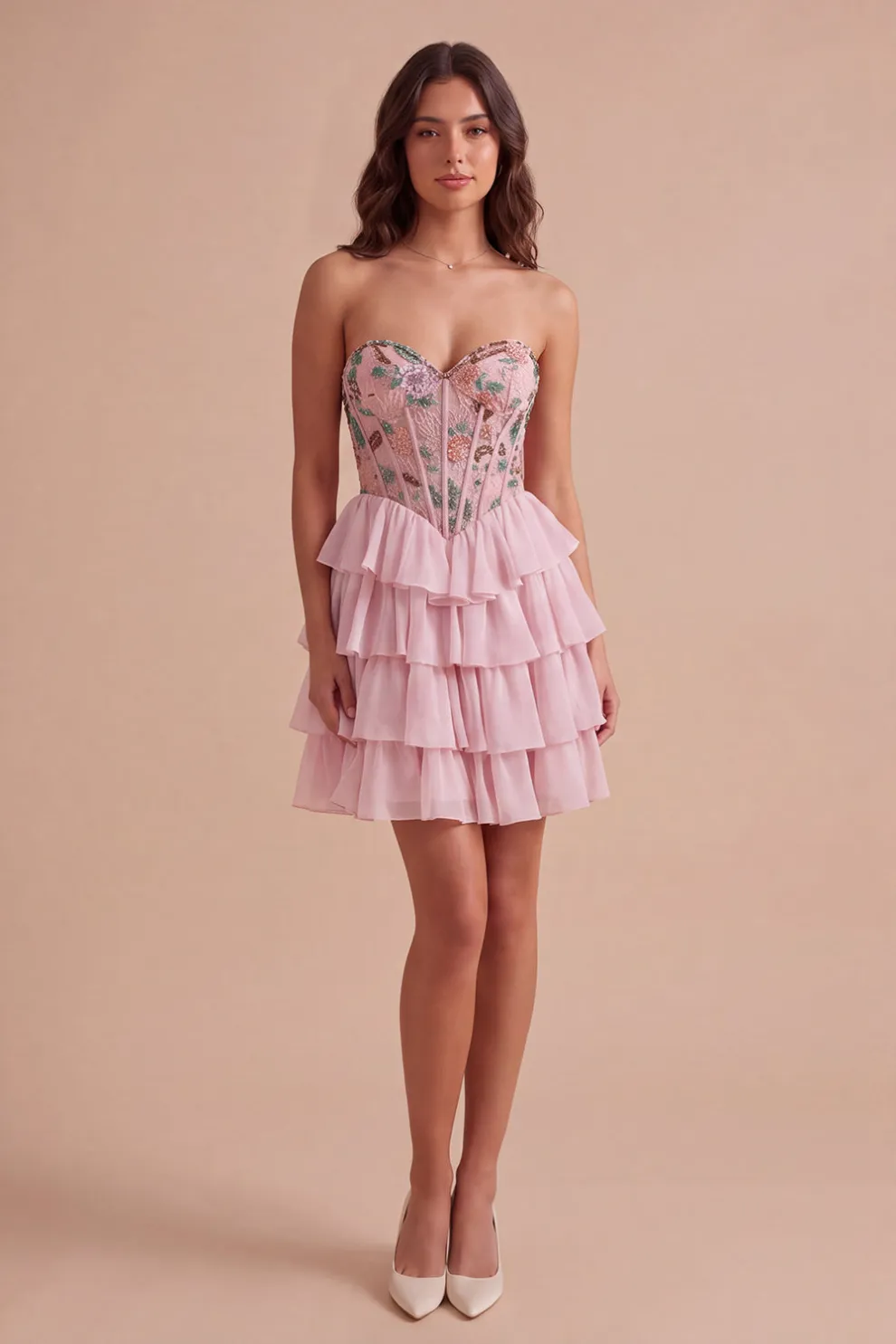 Pink Sparkly Beaded Sequins Floral Strapless Short Homecoming Dress