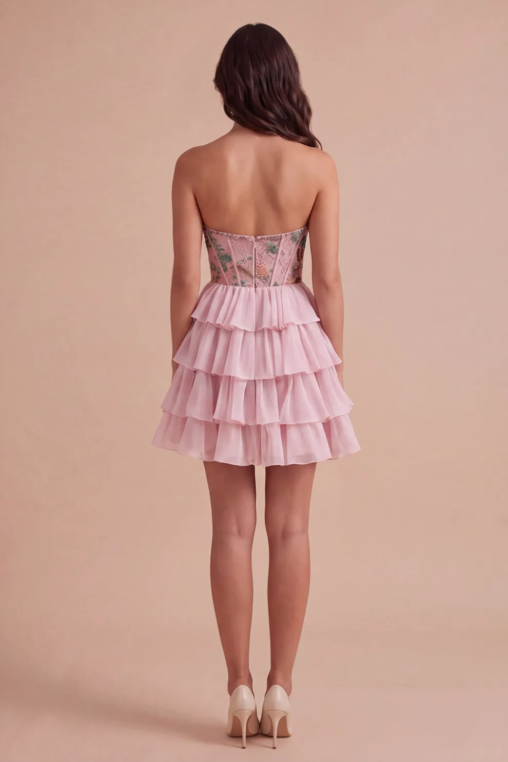 Pink Sparkly Beaded Sequins Floral Strapless Short Homecoming Dress